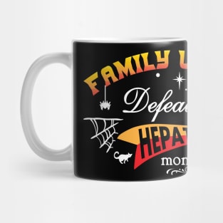 Hepatitis awareness red yellow ribbon Family united Defeating Hepatitis monsters Mug